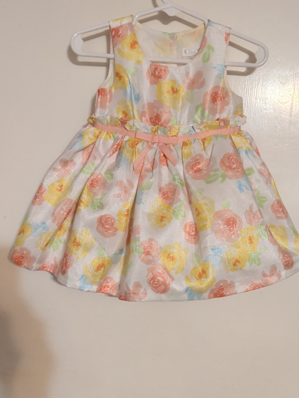 Girls White Floral Occasion Dress with Orange Ribbon Bow 6-9 Month